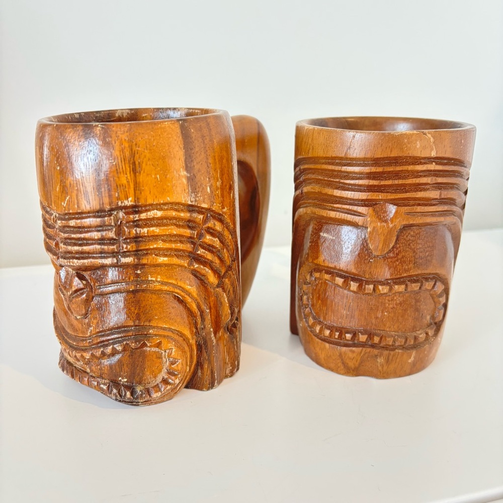 Set of TWO VINTAGE wood Tiki mugs tiki bar Hawaiian hand carved tiki warrior